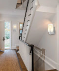Indoor hallway with 2 Pack Dope Modern Vanity Light Fixtures Wall Sconces With White Linen Frosted Glass Shades And Brushed Nickel Finish