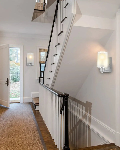 Indoor hallway with 2 Pack Dope Modern Vanity Light Fixtures Wall Sconces With White Linen Frosted Glass Shades And Brushed Nickel Finish