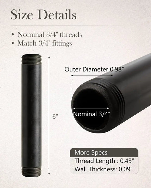 Ten Pack Three Quarter Inch By Six Inch Black Malleable Iron Pipe Nipples With Threads On Both Ends For DIY Steampunk Industrial Vintage Projects product with size details shown