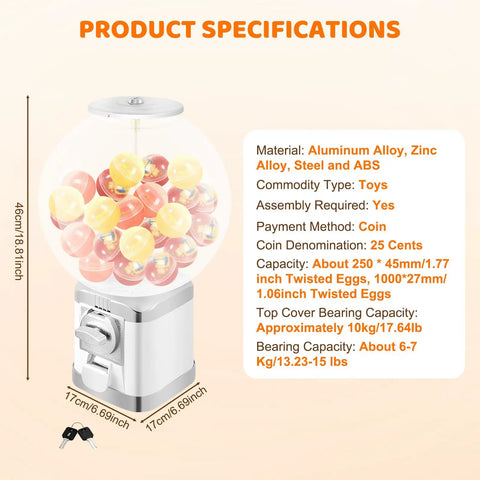 White Coin Operated Vending Cabinet And Premium Candy Dispenser For Home Arcade Or Retail Counter with transparent capsule container.