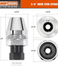Three Eighths Inch Drive Damaged Bolt And Stud Extractor, chrome finish, fits 1/4 to 1/2 inch studs, side and top views
