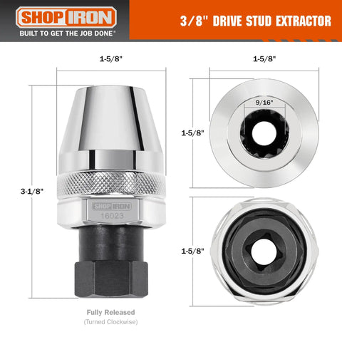Three Eighths Inch Drive Damaged Bolt And Stud Extractor, chrome finish, fits 1/4 to 1/2 inch studs, side and top views