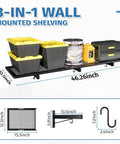 Two Pack Heavy Duty Garage Wall Shelving Racks 46 By 12.5 Inches Wall Mounted With 8 Hooks And 320 Lb Capacity Black Metal Floating Organizer Shelves For Tools And Gear, 3-in-1 wall mounted shelving with dimensions