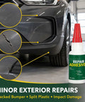 High Strength Auto Bumper Repair Adhesive Quick Cure Formula fixes cracked plastic trim, shown with cracks in bumper and adhesive bottle.