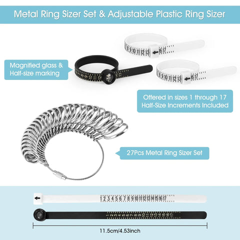 Handy Stainless Steel Ring Sizer Set With 27 Ring Gauges on Cable, US Size 1 to 13 Plus Half Sizes Rust Resistant Pro Grade