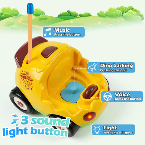 Close-up of yellow Remote Control Dinosaur Car Toy Two Pack With Lights And Music For Toddlers Boys Ages 2 To 5 with sound buttons