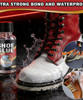 Must Have Pro Grade Clear Waterproof Shoe Glue For Sole Repair Kit That Bonds Deep Into Fibers For Boots Sneakers Heels And Hiking Shoes Flexible Long Lasting Repair For Leather And Other Materials bottle next to a wet boot demonstrating adhesive power