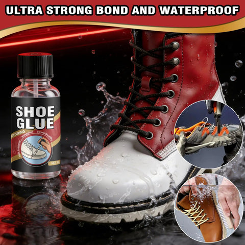 Must Have Pro Grade Clear Waterproof Shoe Glue For Sole Repair Kit That Bonds Deep Into Fibers For Boots Sneakers Heels And Hiking Shoes Flexible Long Lasting Repair For Leather And Other Materials bottle next to a wet boot demonstrating adhesive power