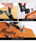 Bridge pin puller, guitar string winder, and cutter shown from All In One 25 Piece Guitar Repair Kit With Carry Case For Acoustic Electric Ukulele Bass Banjo Tools Hex Wrenches Files Nut Saddle Grooves Fret Crowning File String Winder Ruler Gauges Fingerboard Guards.