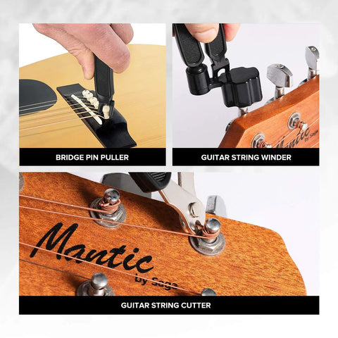 Bridge pin puller, guitar string winder, and cutter shown from All In One 25 Piece Guitar Repair Kit With Carry Case For Acoustic Electric Ukulele Bass Banjo Tools Hex Wrenches Files Nut Saddle Grooves Fret Crowning File String Winder Ruler Gauges Fingerboard Guards.