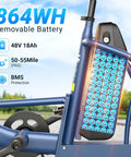 All Terrain Electric Tricycle for Adults with Fat 20 Inch Tires, 864Wh Removable Battery, 15.5 MPH Three Wheel Ebike for Seniors, LCD Display, Rear Differential, and Handy Rear Seat Basket in Blue battery compartment close-up, 48V 18Ah