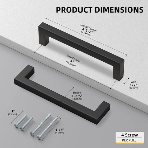 Dimensions of Matte Black 4 Inch Center To Center Square Bar Cabinet Pulls 10 Pack Stainless Steel Kitchen Handles with screws