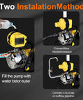 Rock Solid 1HP Water Pressure Booster Pump With Automatic Switch For Whole Home Water Flow And Shallow Well Jobs installation methods shown.