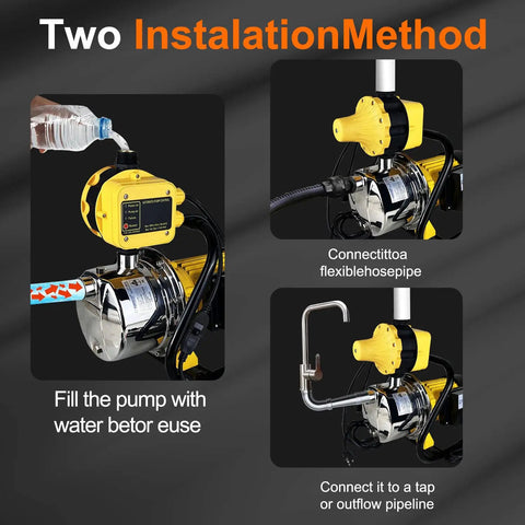 Rock Solid 1HP Water Pressure Booster Pump With Automatic Switch For Whole Home Water Flow And Shallow Well Jobs installation methods shown.