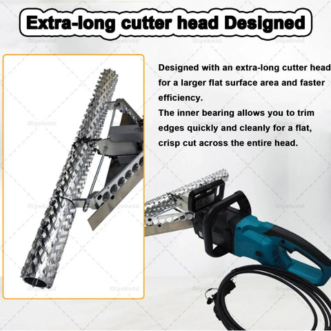 Foam Insulation Cutting Tool For Efficient Removal And Smooth Finishing In Construction Projects With A Beefed Up Extra Long Cutter Head For Fast Flat Edges And Quick Trim From A Durable Power Head, showcasing extra-long cutter head design.