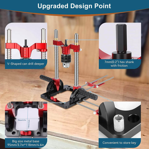 Upgraded Portable Drill Guide for Precise Straight Holes, Adjustable from Zero to Sixty Degrees, showing V-shaped design and features.