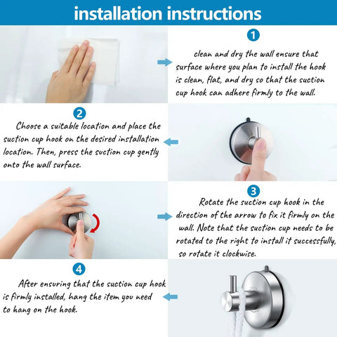 Installation instructions for Shower Suction Cup Hooks Set Of 2 Brushed Nickel Stainless Steel SUS 304 Towel And Loofah Hooks.