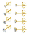 4 Pairs Titanium Stud Earrings For Women And Men Ball Cubic Zirconia 2 To 5 Millimeters Hypoallergenic Cartilage Earrings Safe For Sensitive Ears G23 Pure Titanium Nickel Free Lead Free Dope Comfort For Everyday Wear gold stud earrings with cubic zirconia, side and front view