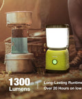 Rechargeable LED Camping Lantern With 3600mAh Power Bank, 4 Light Modes, IPX4 Waterproof, next to camping stove