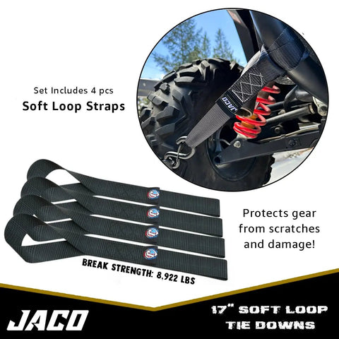 Heavy Duty Ratchet Straps With Soft Loops 1.6 Inches By 8 Feet Pack Of Four For Motorcycles ATVs And Trailers 5208 Lbs Break Strength Tough As Nails Hauling Kit In Black