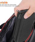 Rugged EVA hard travel case for BT-100 series handheld anemometer protection being placed in backpack, showing compact design and shockproof storage.