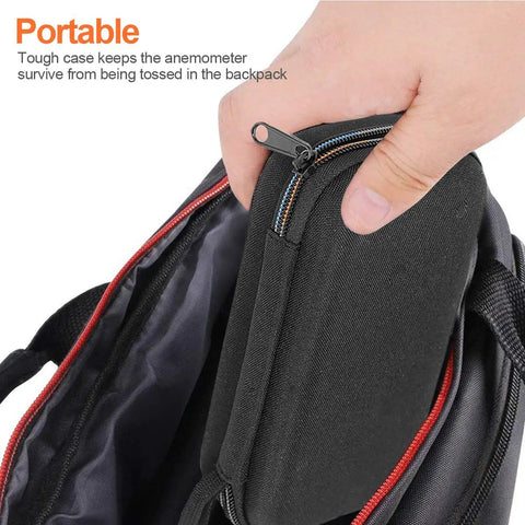 Rugged EVA hard travel case for BT-100 series handheld anemometer protection being placed in backpack, showing compact design and shockproof storage.