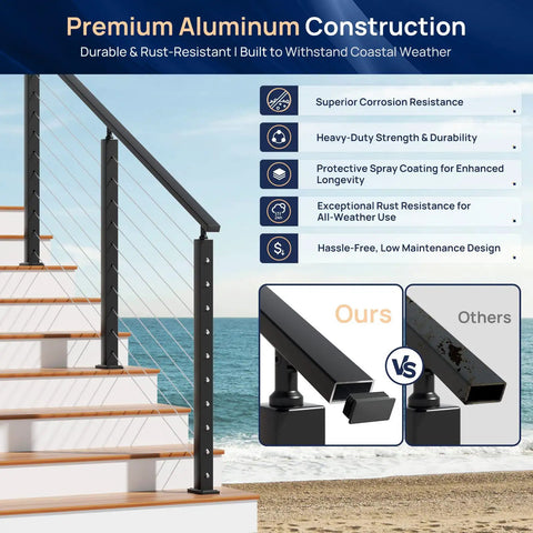 10 Ft Black Aluminum Handrail Featuring Pro Grade Powder Coating And Top Shelf Nylon End Caps Delivering rock solid weather hardened support for outdoor deck rail upgrades with ocean view.