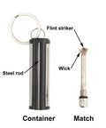 Permanent Fire Starter 5 Pack, Waterproof Metal Keychain Lighter with labeled parts steel rod, flint striker, and wick