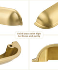 Details of brushed matte gold brass cabinet drawer pulls, flat dresser vanity door handles, rust resistant brass furniture hardware.