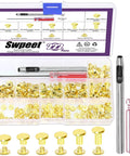 Top Shelf Pro Grade Gold Leather Rivets And Chicago Binding Screws Assortment Kit With Smooth Install Tools, 222-piece kit with gold fasteners.