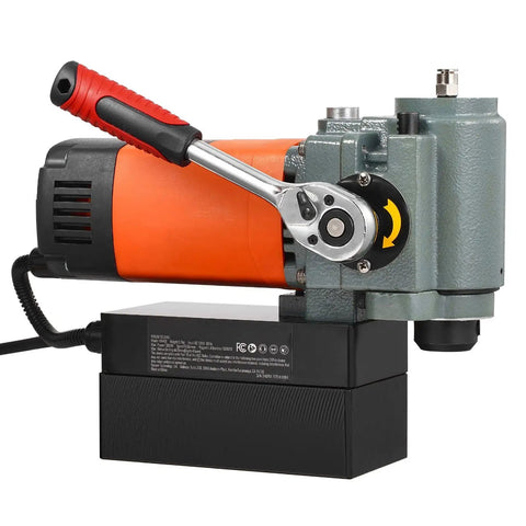 Hefty Power 1300W Magnetic Drill Press with orange motor, compact design, and strong grip for easy steel drilling in tight spaces.