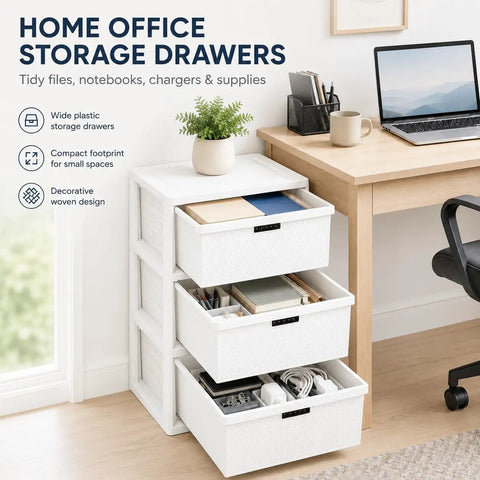 Wide Three Drawer Plastic Storage Tower With Cross Weave Removable Bins For Keeping Your Space Looking Fresh While Solidly Organizing Clothes And Daily Essentials