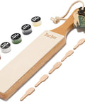 Pro Grade Leather Knife Strop With Double Sided Stropping Leather And Polishing Compound Handmade In Poland 3mm Vegetable Tanned Leather Beechwood Paddle Handle Perfect For Wood Carving And Sharp Edges displayed with accessories
