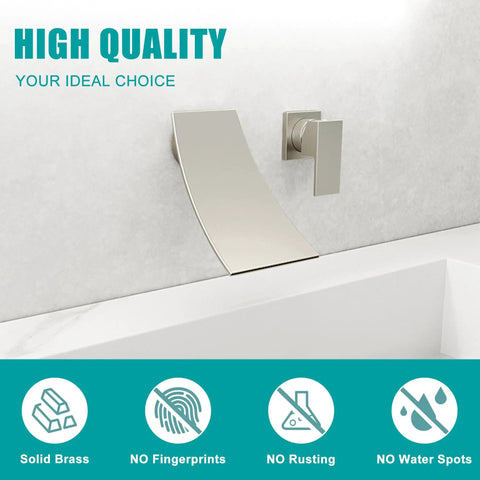 Wall Mount Waterfall Bathroom Faucet With Single Handle In Brushed Nickel over bathtub, showcasing quiet flow and modern design.