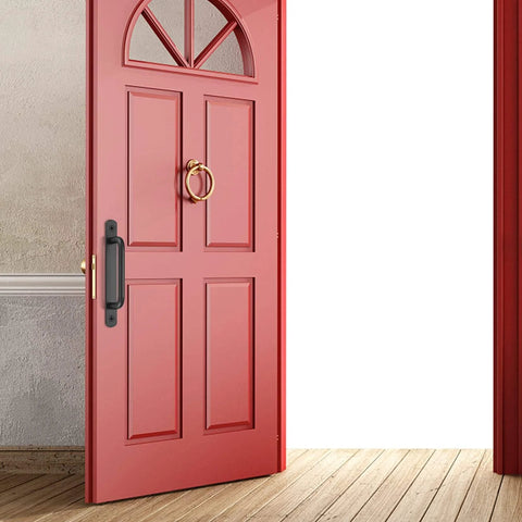 Two Pack Barn Door Handles Set Sliding Door Pulls Stainless Steel With Black Finish And Plates installed on red door