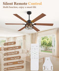 60 Inch Farmhouse Industrial Ceiling Fan With Lights And Remote, Black Cage Design shown with wood blades in living room