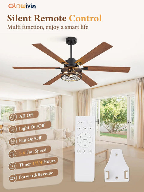 60 Inch Farmhouse Industrial Ceiling Fan With Lights And Remote, Black Cage Design shown with wood blades in living room