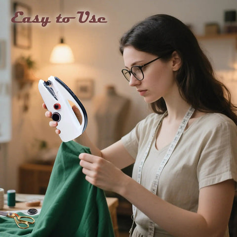 Woman using Heavy Duty Handheld Sewing Machine Kit With Blue Leather Storage Case And 110 Piece Sewing Kit, Ultra Portable Mini Sewing Tool