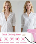 Before and after using Clothing Repair Gun Kit With 5mm Mini Fasteners In Black And White, durable invisible stitches, pink handle sewing tool.
