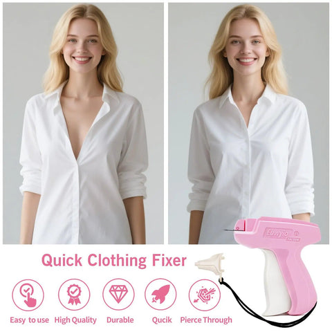 Before and after using Clothing Repair Gun Kit With 5mm Mini Fasteners In Black And White, durable invisible stitches, pink handle sewing tool.