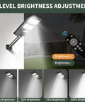 Top Shelf Solar Street Lights Outdoor Waterproof 2 Pack Led Flood Lamp 10000 Lumen showing remote and brightness settings.
