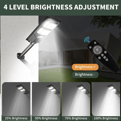 Top Shelf Solar Street Lights Outdoor Waterproof 2 Pack Led Flood Lamp 10000 Lumen showing remote and brightness settings.