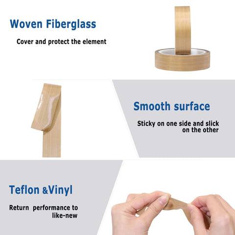 High Temperature PTFE Teflon Tape With Adhesive Backing 1 Inch By 33 Feet for vacuum sealers, showing rolls, texture, and application
