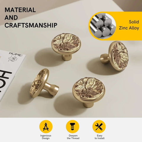 Fresh Floral Cabinet Knobs For Drawers, 4 Pack Brushed Brass Zinc Alloy Pulls, Lemon Gold Finish Hardware For Dressers And Closets, elegant floral knobs displayed on a table.