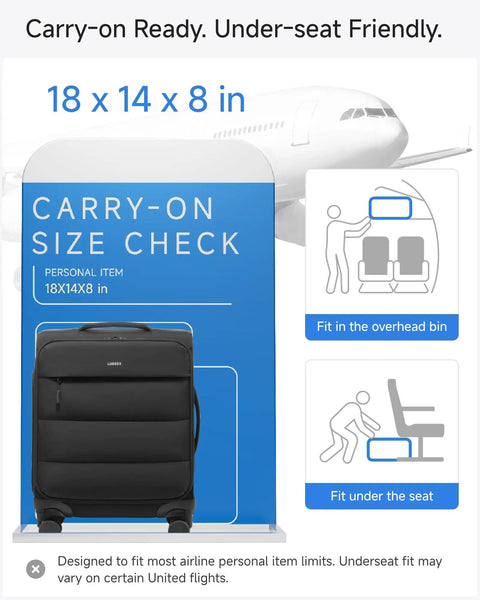 Underseat Carry On Luggage With Smooth Spinner Wheels, Lightweight Softside Suitcase For 2 Day Travel, size check display
