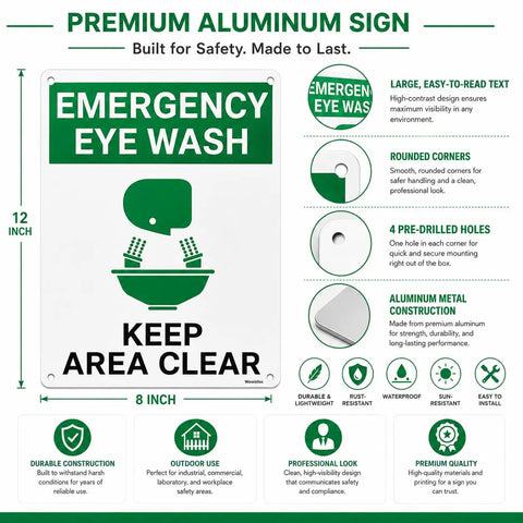 Emergency Eye Wash Sign Keep Area Clear 8x12 Inches Green and White Safety Sign With Pre Drilled Holes product details image