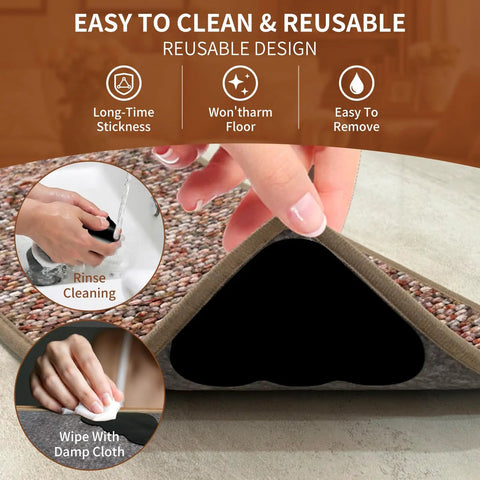Close-up of hands demonstrating No Slip Rug Grippers Set Dual Sided Adhesive Rug Pad Tape Pads That Keep Corners Flat on a rug.