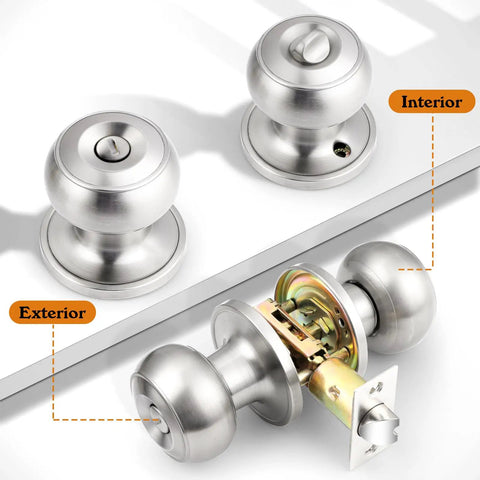 Brushed Nickel Interior Door Knobs Set For Bedroom And Bath Satin Ball Privacy Knobs No Key Needed Inside Thumb Turn Lock Easy Install Durable Stainless Steel 10 Pack, showing interior and exterior knob details.