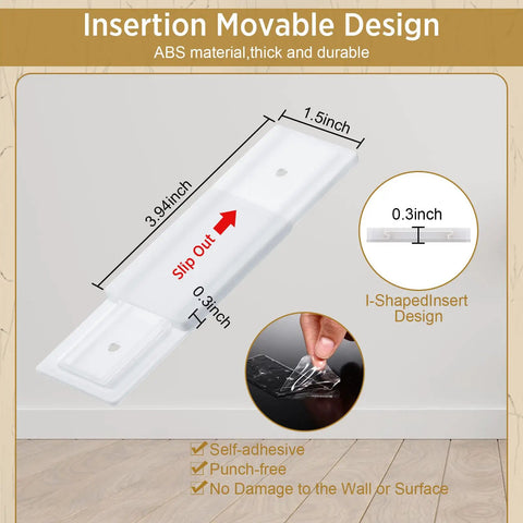 Six Pack Self Adhesive Power Strip Holder Wall Mount Cable Management System with insertion movable design on wood surface