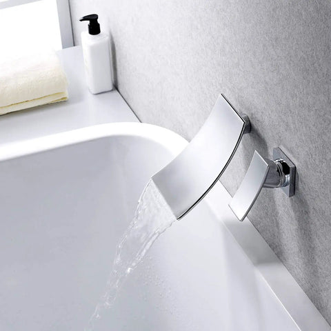 Wall Mount Bathtub Faucet With Waterfall Tub Filler, Brass Chrome Finish, Ceramic Cartridge, Leak Free Design, ICC ES PMG Certified shown in modern bathroom setting.